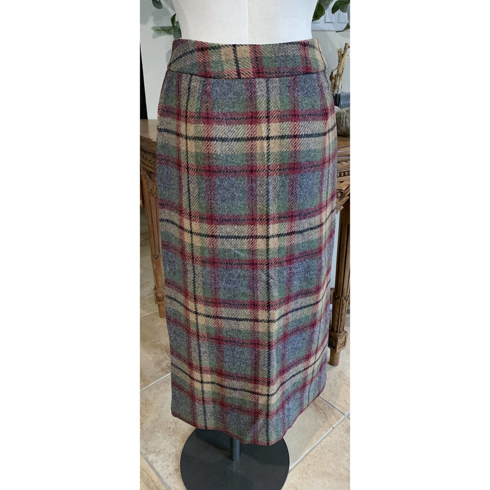 Savannah women 10 tan plaid wool button front vintage midi Straight skirt - Picture 6 of 10